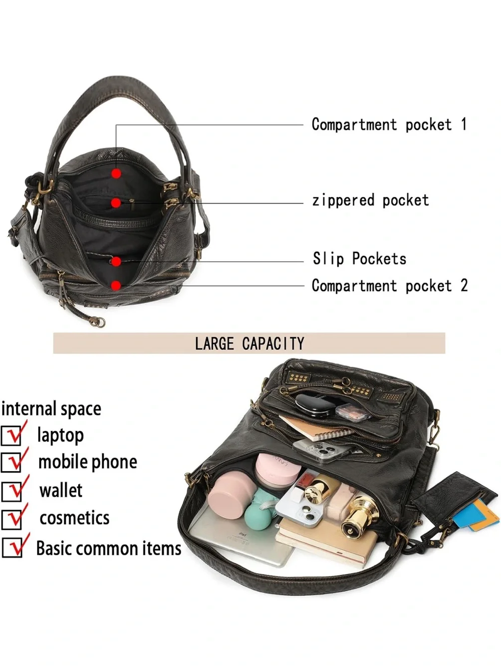 Black Studded Hobo Shoulder Bag - Women